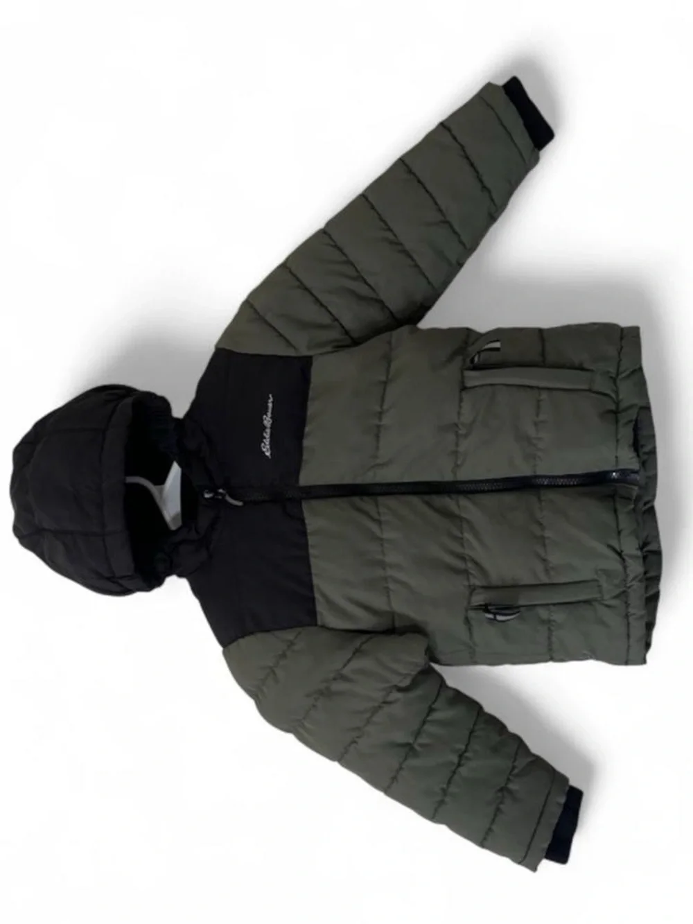 SOLD. Toddler Boy 3T Quilted Puffer Winter Coat Sherpa Hood Eddie Bauer Olive
